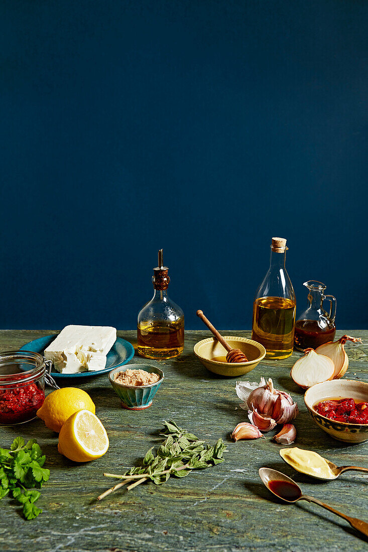 Ingredients, spices and herbs for potato dishes