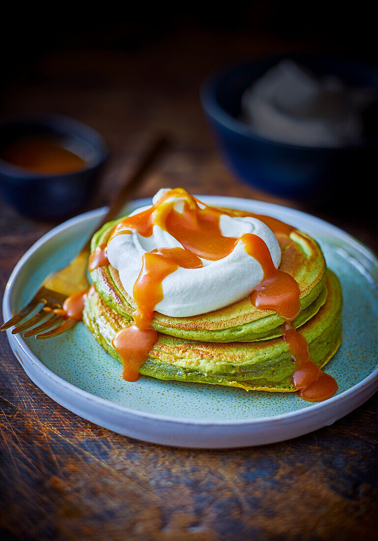 Matcha pancakes with whipped cream and miso caramel