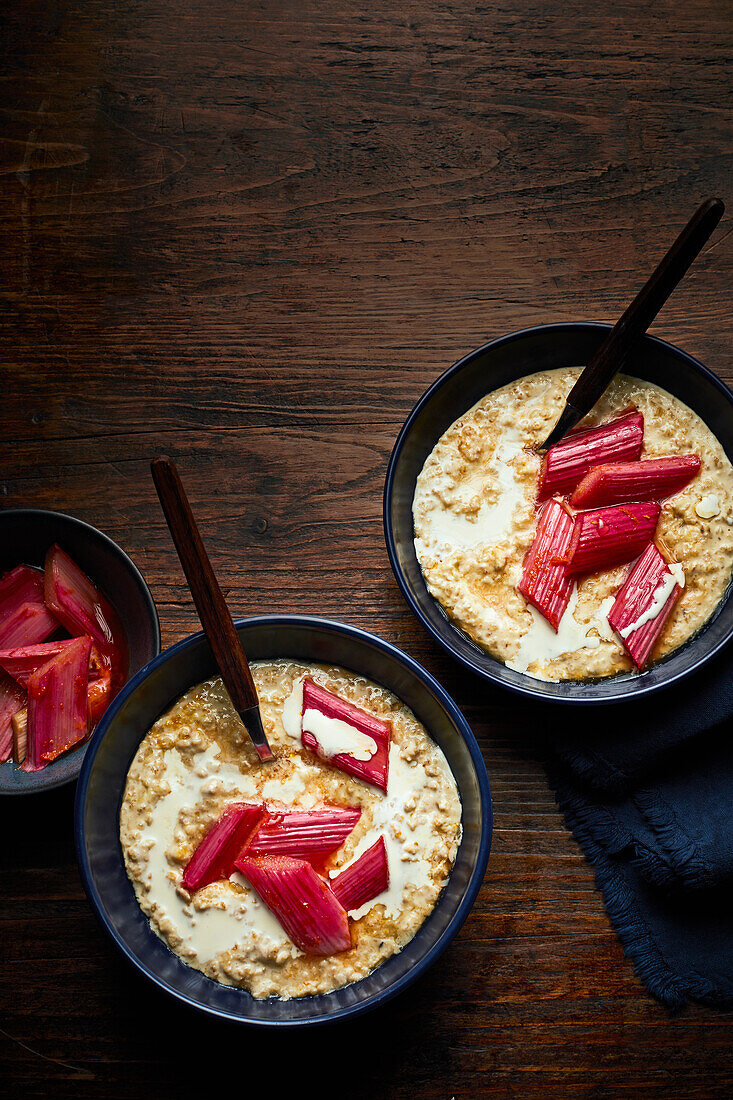 Malted milk porridge with roasted bay rhubarb