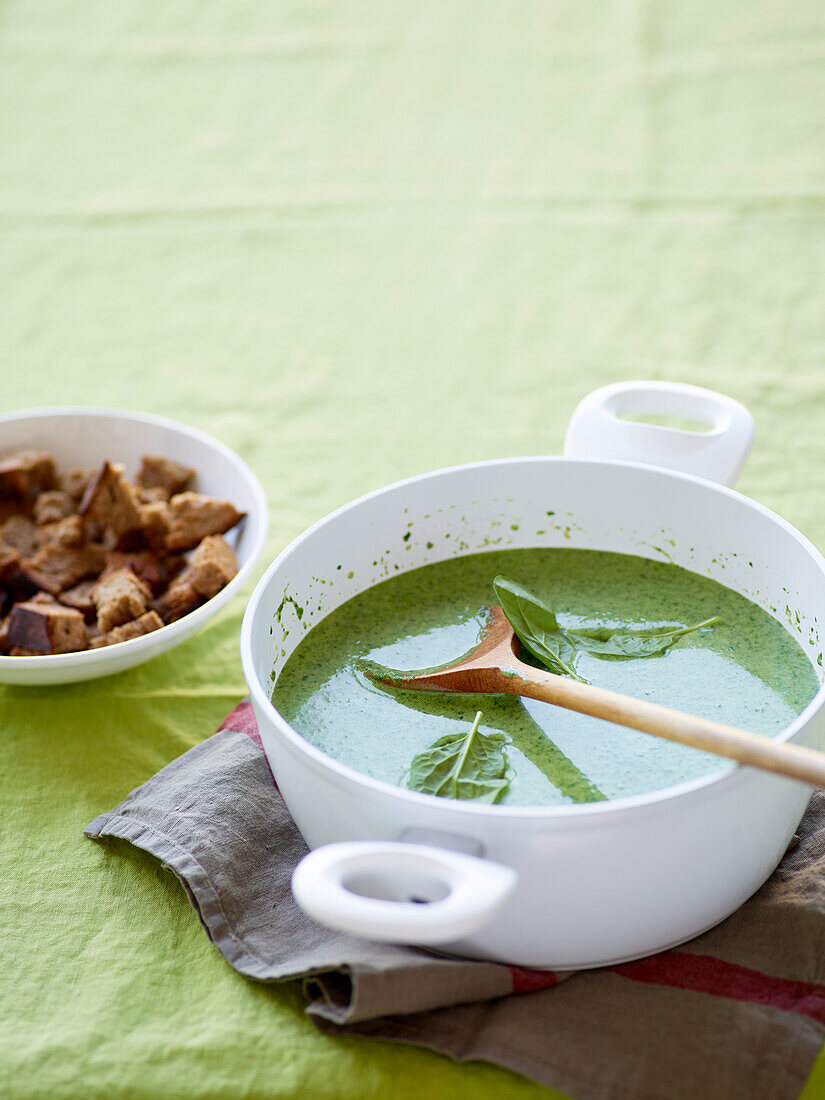 Cream of spinach soup with croutons