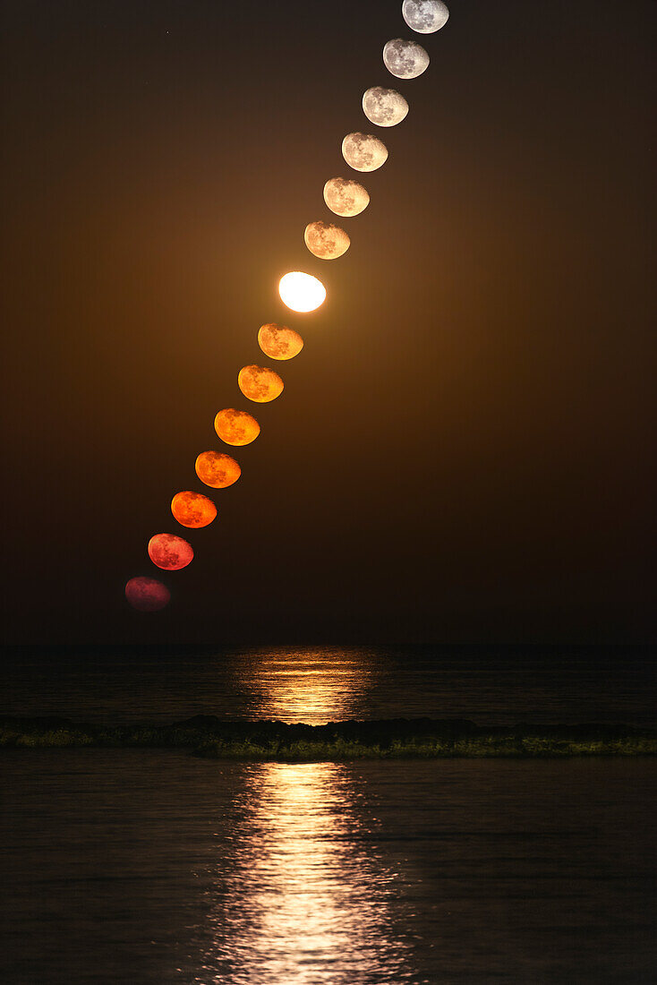 Waning gibbous moon while rising, composite image