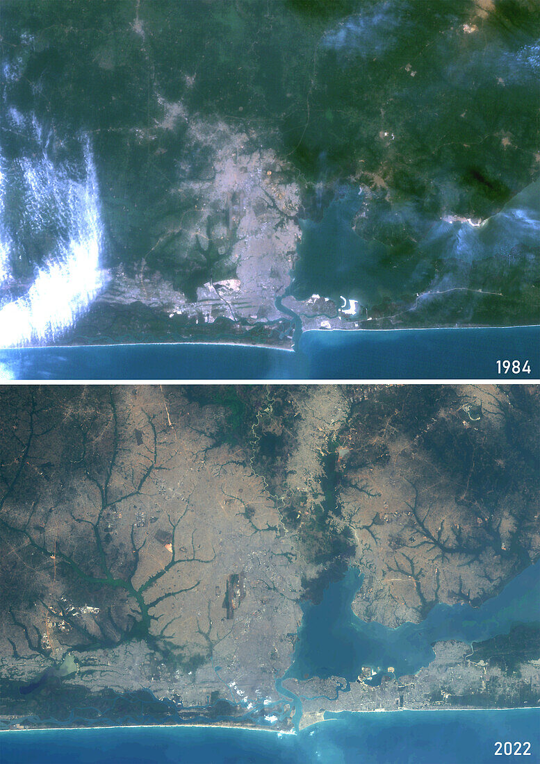 Lagos, Nigeria in 1984 and 2022, satellite image