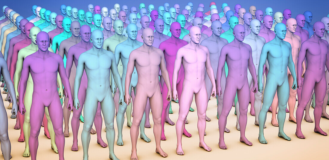 Clones of identical people in different colours, illustration