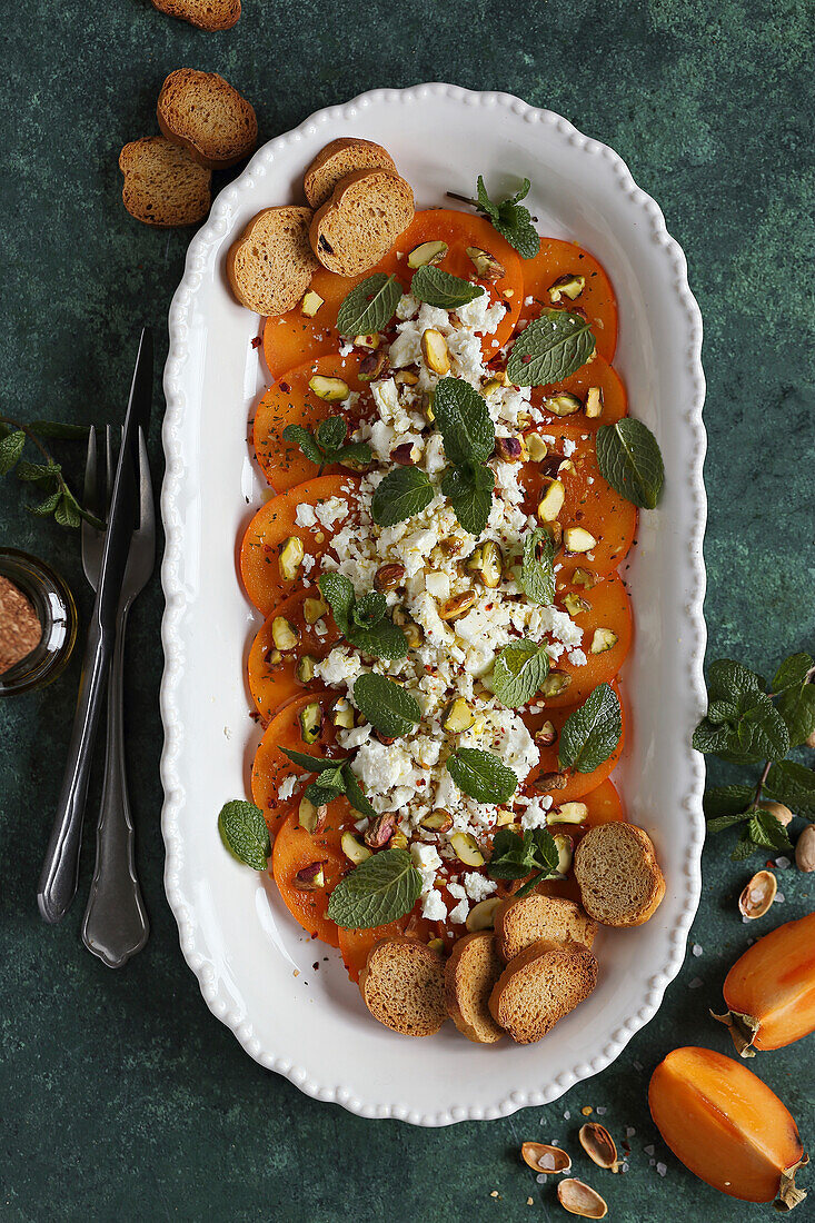 Persimmon salad with feta cheese, pistachios and mint