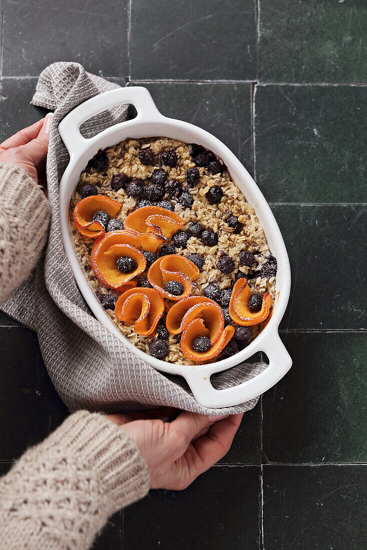 Persimmon and blueberry oatmeal from the oven