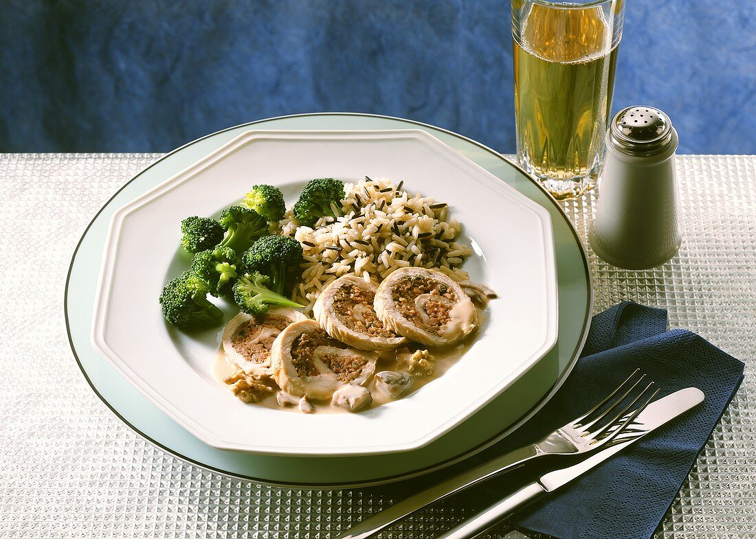 Turkey roulades with mushroom & ham stuffing, broccoli & rice