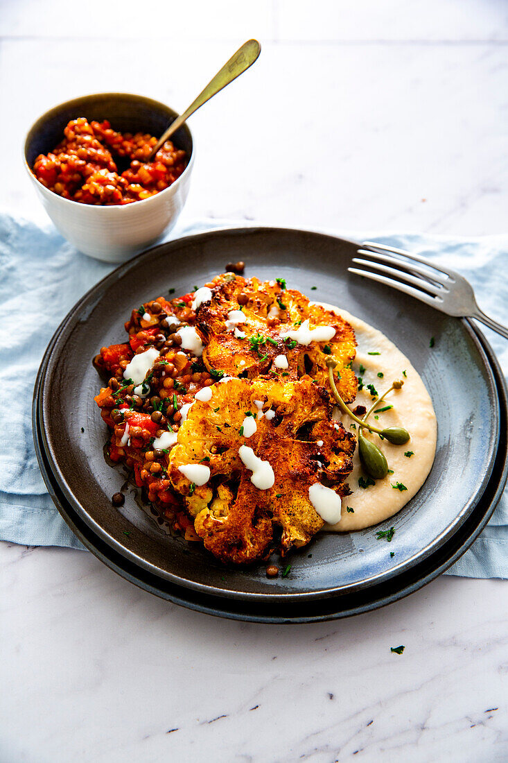 Cauliflower steaks with lentil ragout on cannellini garlic cream