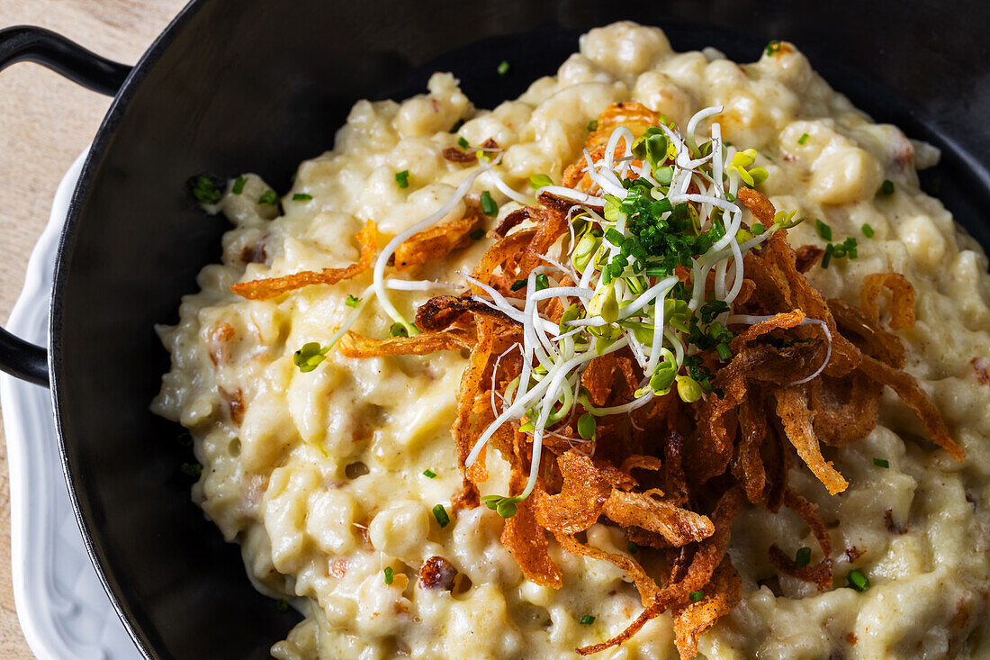 Cheese spaetzle (home-made noodles) with fried onions