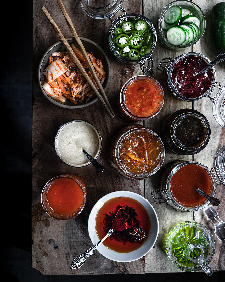 Homemade condiments, pickled vegetables, tahini, chutneys, oils and sauces