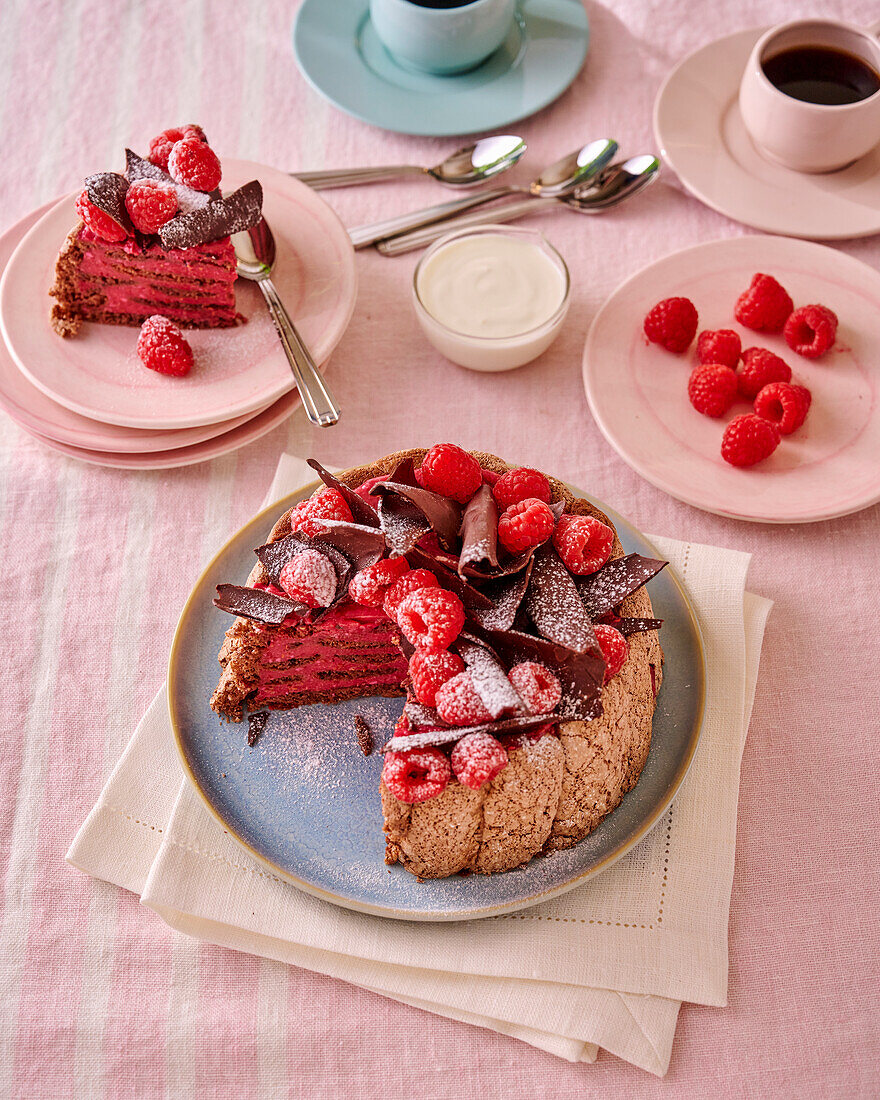 Raspberry and chocolate charlotte, sliced