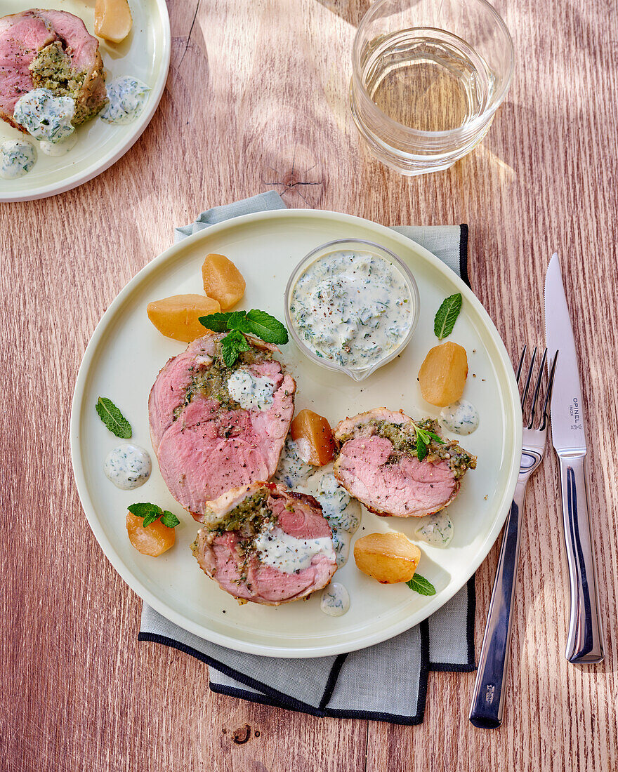 Stuffed milk-fed lamb with herb sauce