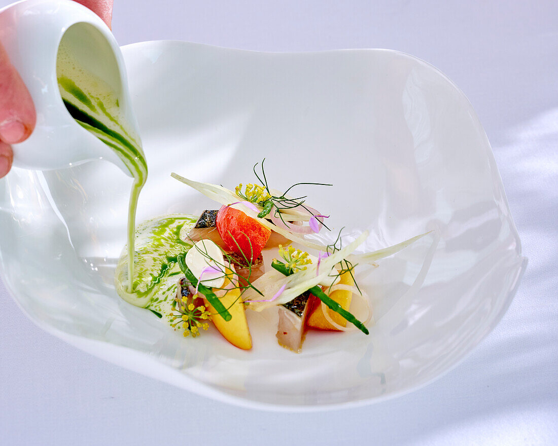 Ajoblanco with mackerel, peach and vegetables