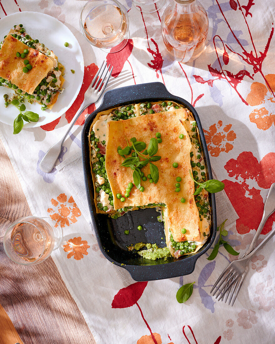 Pea lasagne with pancetta