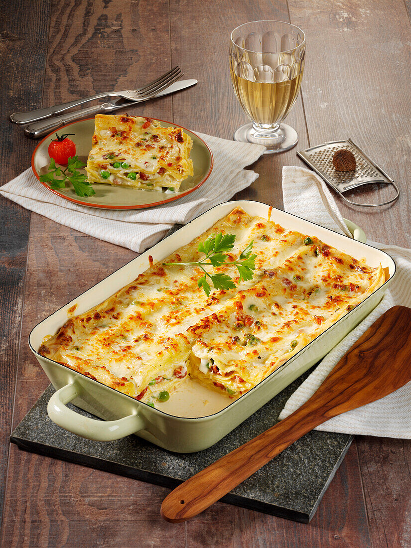 Bacon lasagne with peas