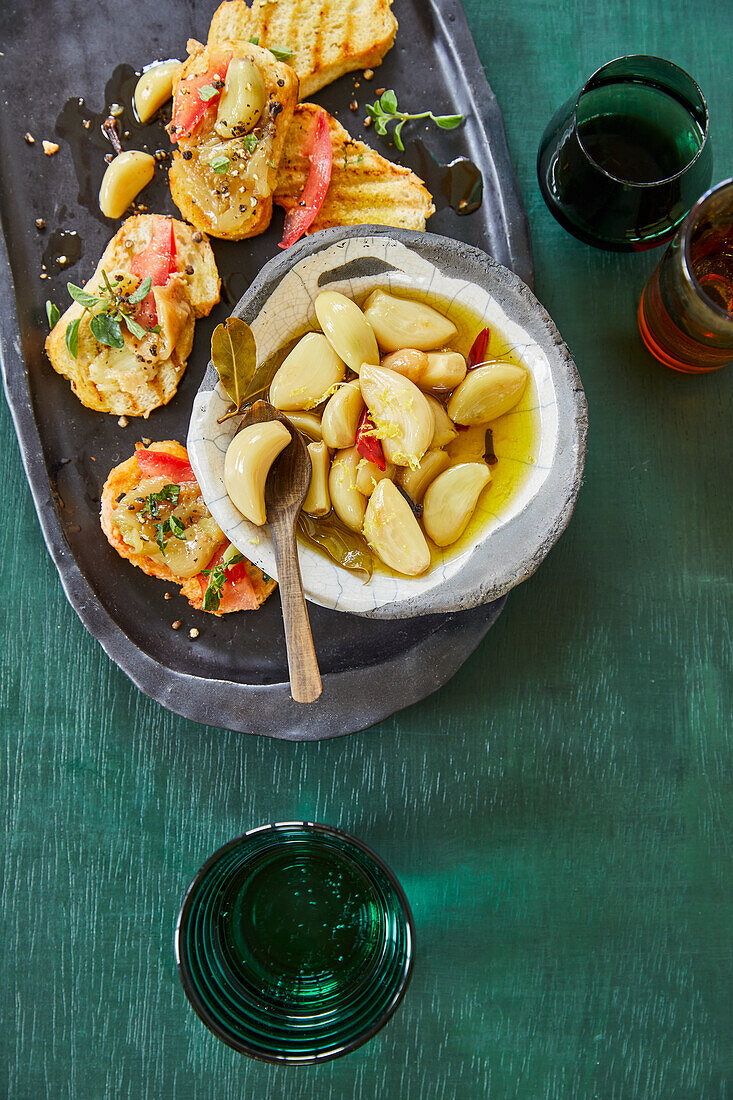 Garlic confit (garlic cloves with chilli in olive oil)