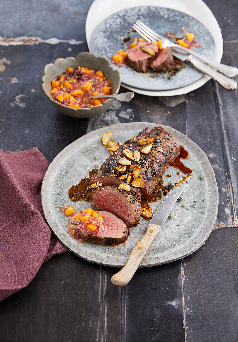 Fillet of beef with onion and physalis chutney
