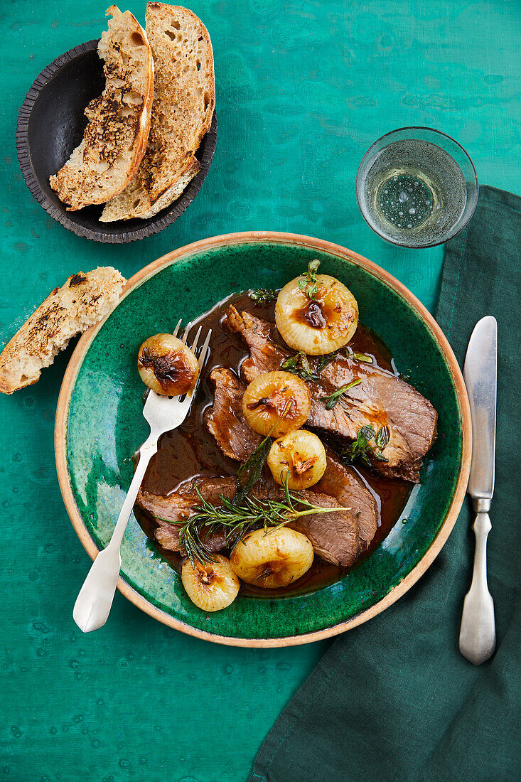 Braised beef brisket with borettane onions