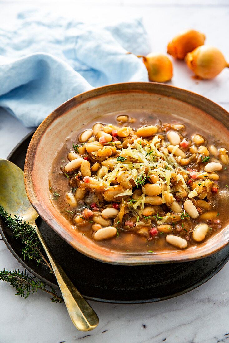 French onion soup with beans and bacon