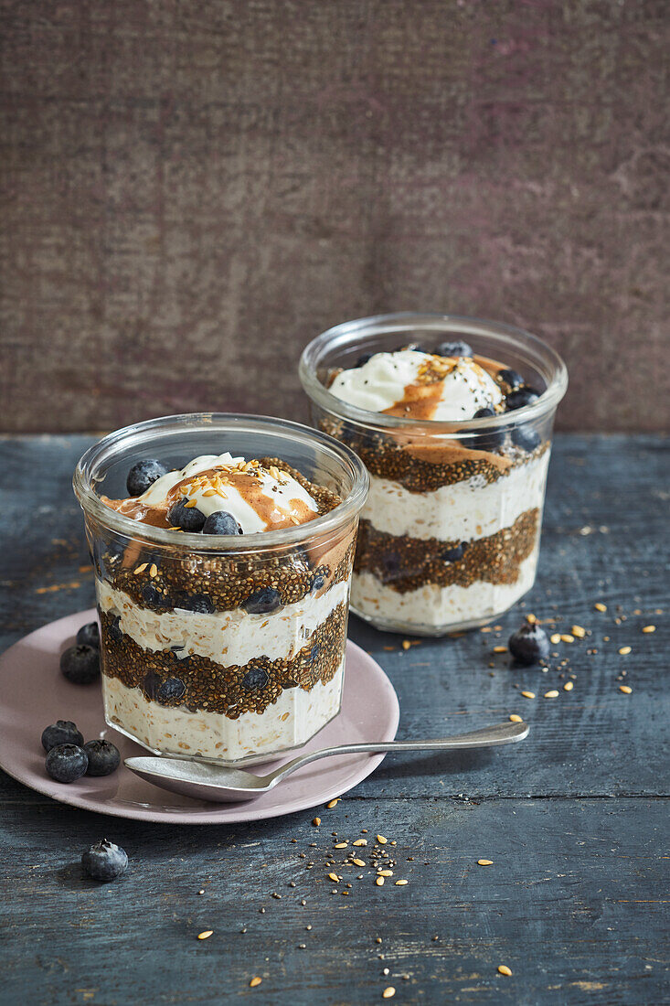 Overnight oats with blueberries, chia and plant yoghurt