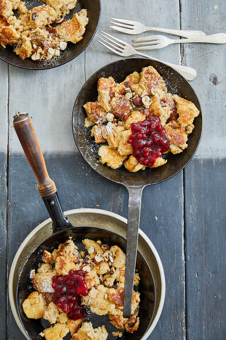 Spelt pancake with rum sultanas, nuts and cranberries