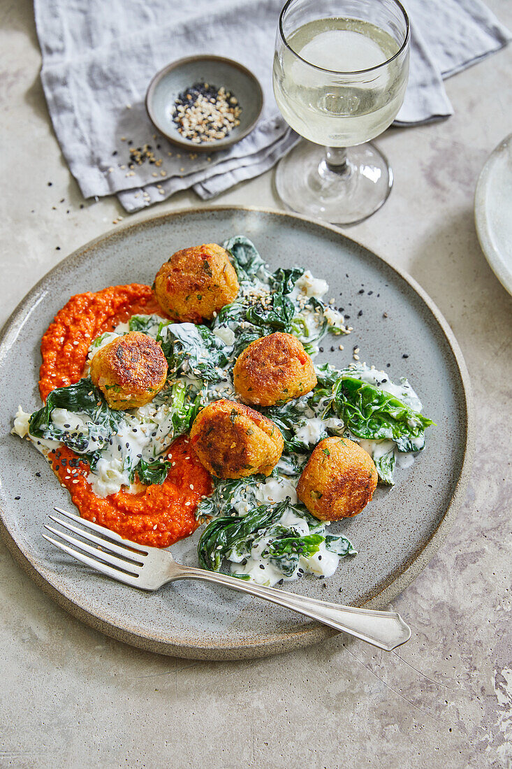 Green spelt balls with creamed spinach and ajvar