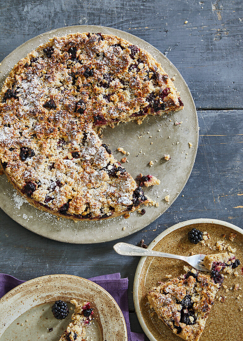 Oat crumble cake with blackberries and walnuts