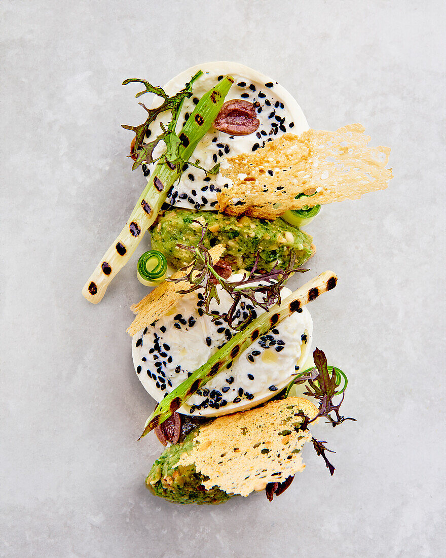 Avocado tartare with burrata and cheese crisps