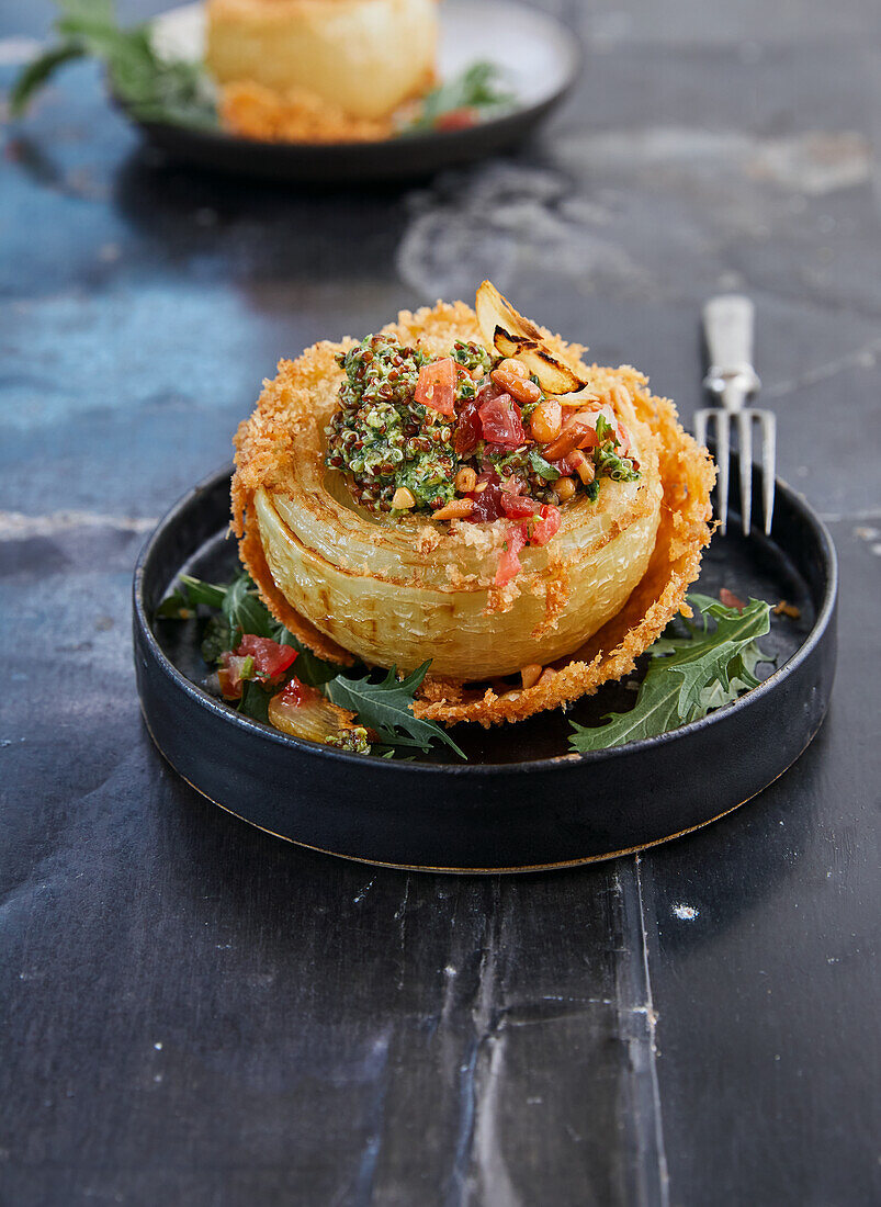 Deep-fried vegetable onion with herb quinoa filling