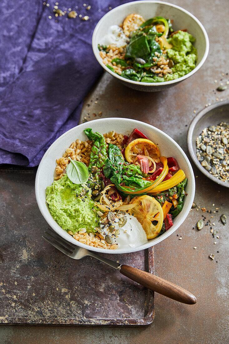 Vegan chard and green spelt bowl with pea puree
