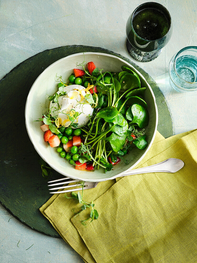 Purslane salad with burrata, peas, pea cress and strawberries