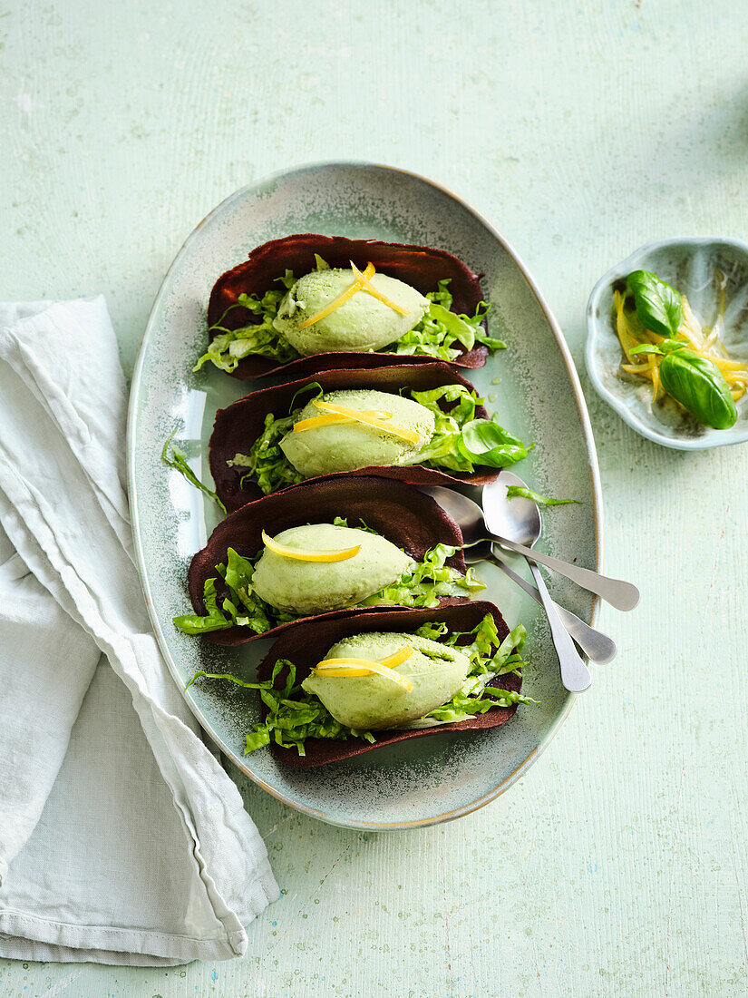 Chocolate taco with lettuce ice cream and candied lemon
