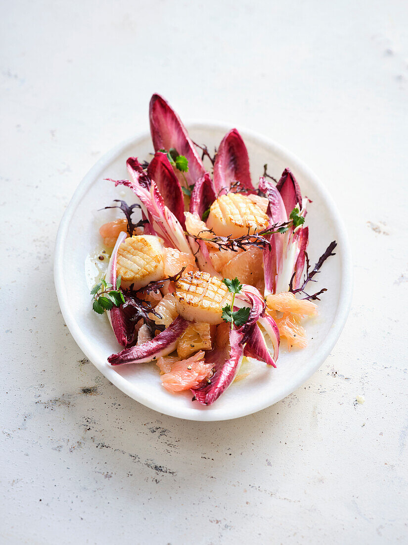 Chicoreesalat mit Pomelo, Jakobsmuscheln und Wildkräutern