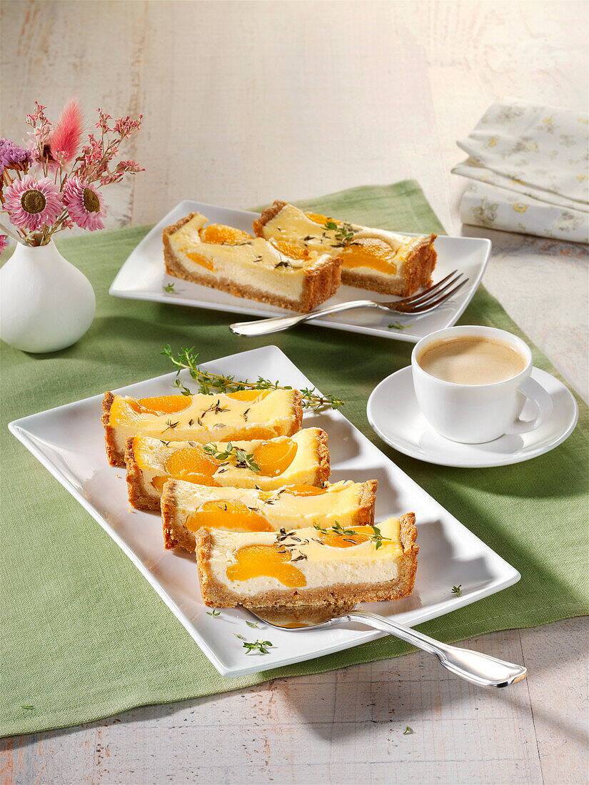 Fruity cream cheese strips with tinned apricots and thyme