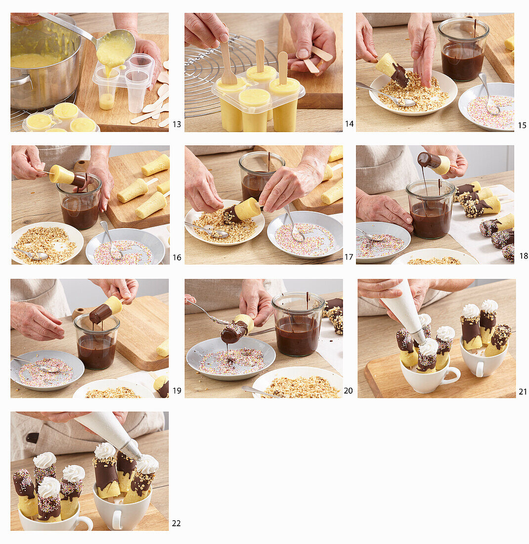 Preparation of banana ice cream bars with chocolate icing
