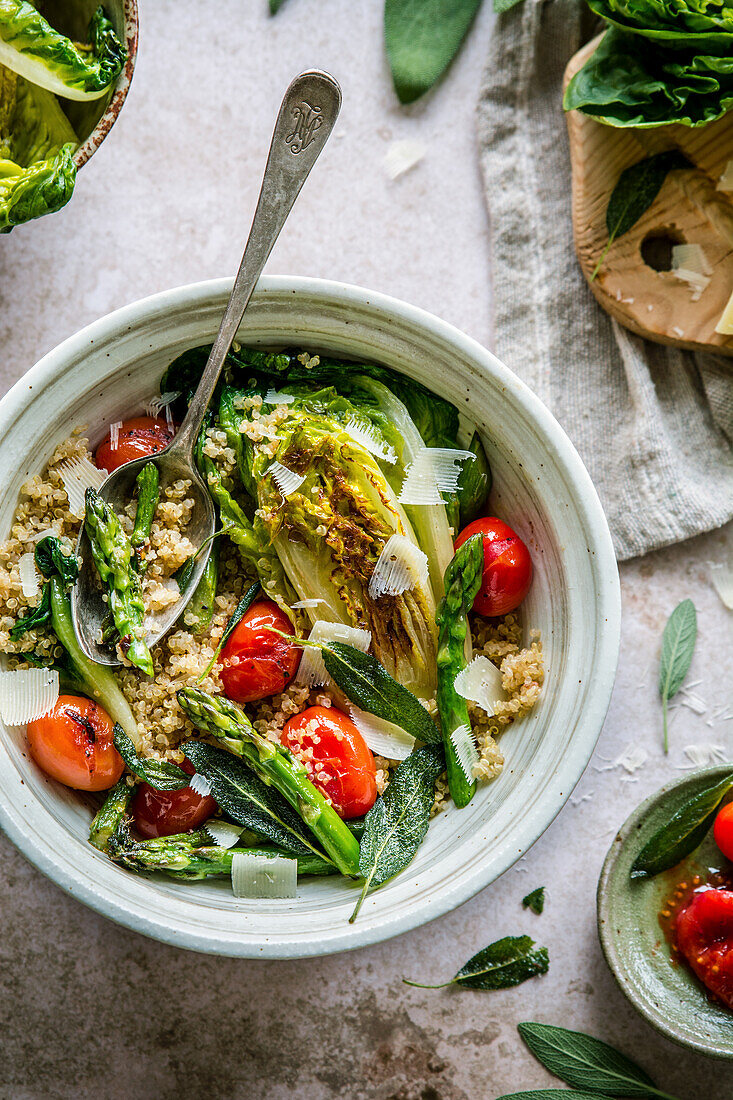 Braised romaine with quinoa, green asparagus and cherry tomatoes