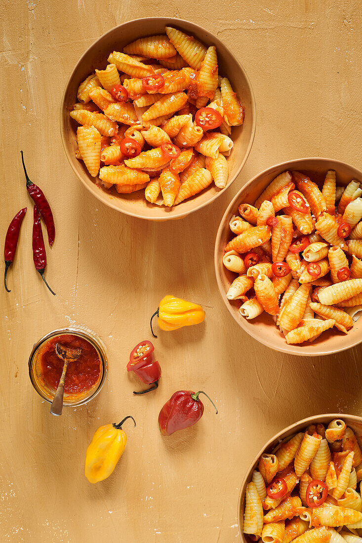 Pasta with paprika salsa and chilli