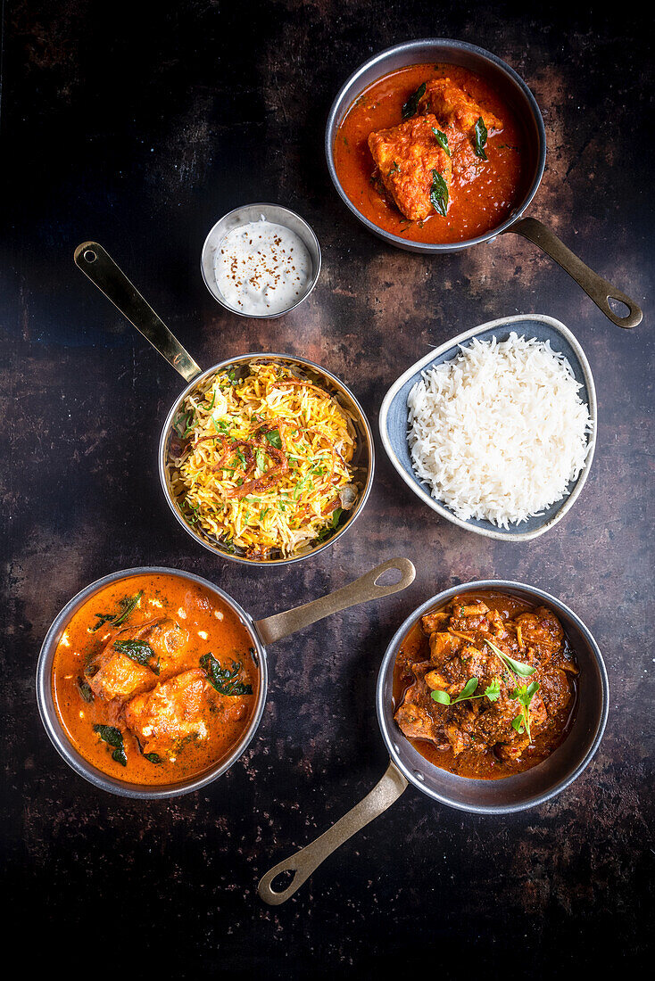 Various curries, rice and biryani (India)