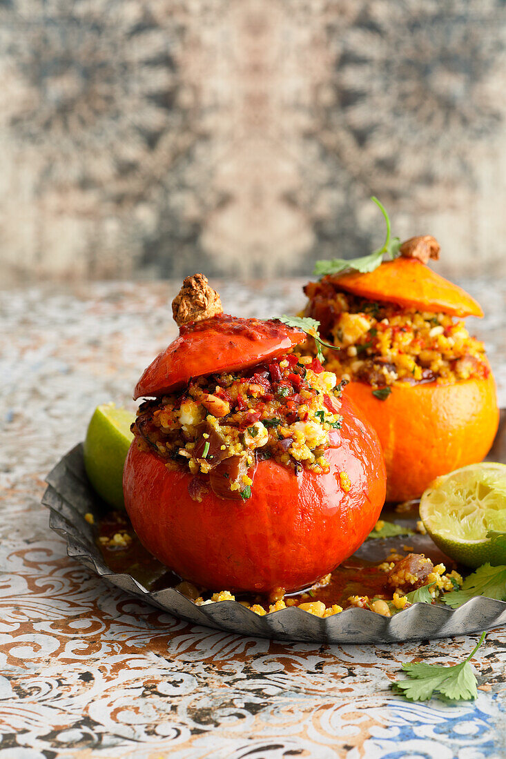 Braised pumpkin with couscous and feta cheese filling