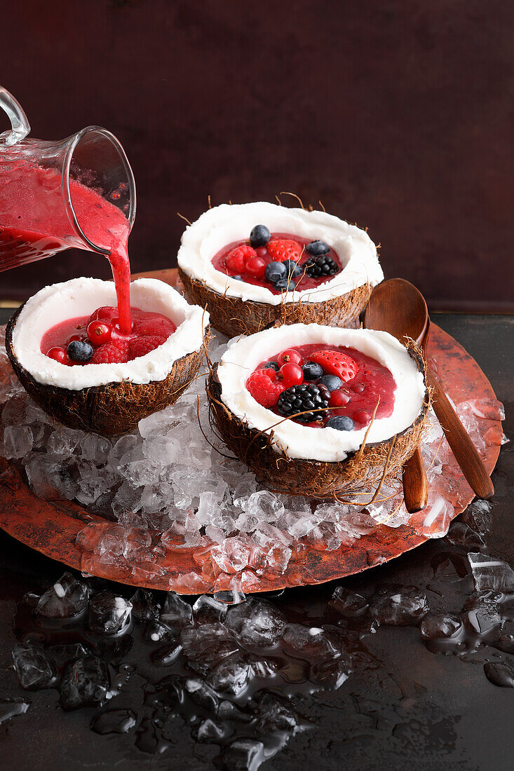 Coconut-lime sorbet with spicy berry gazpacho