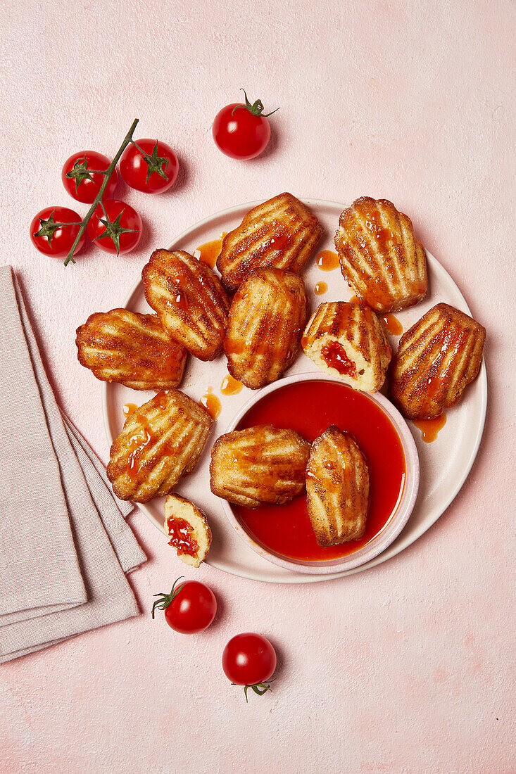 Tomato madeleines with tomato syrup