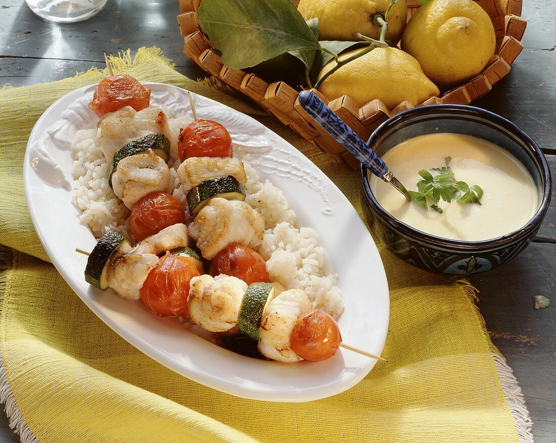 Fisch-Gemüse-Spiesse auf Reis & gelbe Paprikasauce