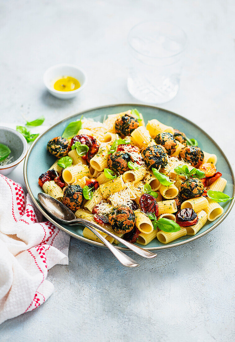 Pasta mit gerösteten Spinat-Polpette und Tomaten