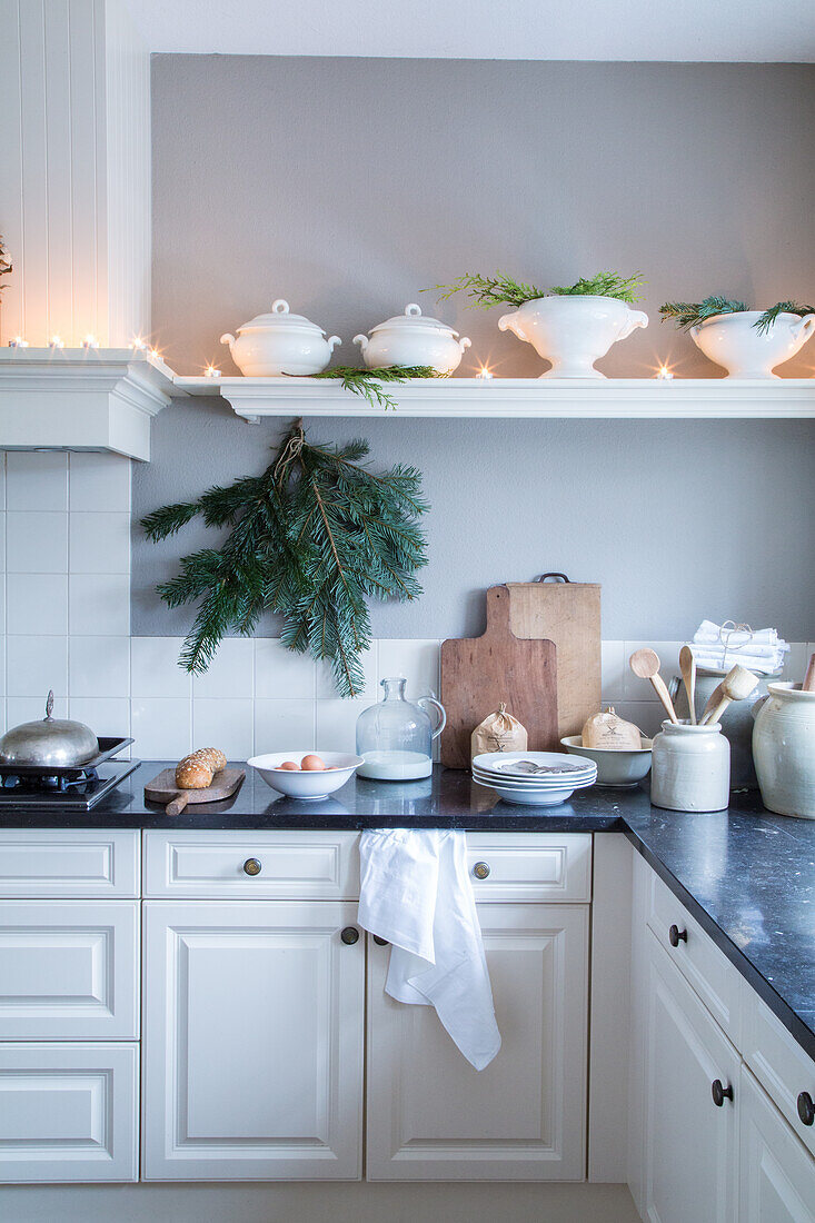 White country house kitchen with Christmas decorations