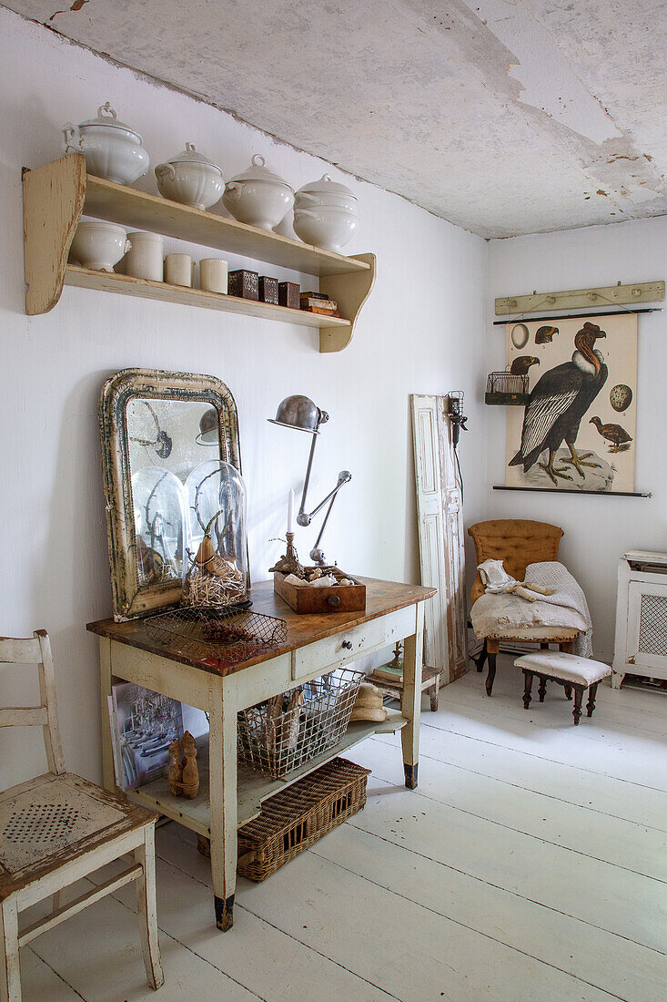 Country house room with shelf full of ceramics, antique mirror and bird picture