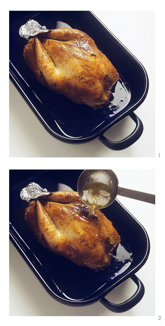 Basting chicken in roasting dish