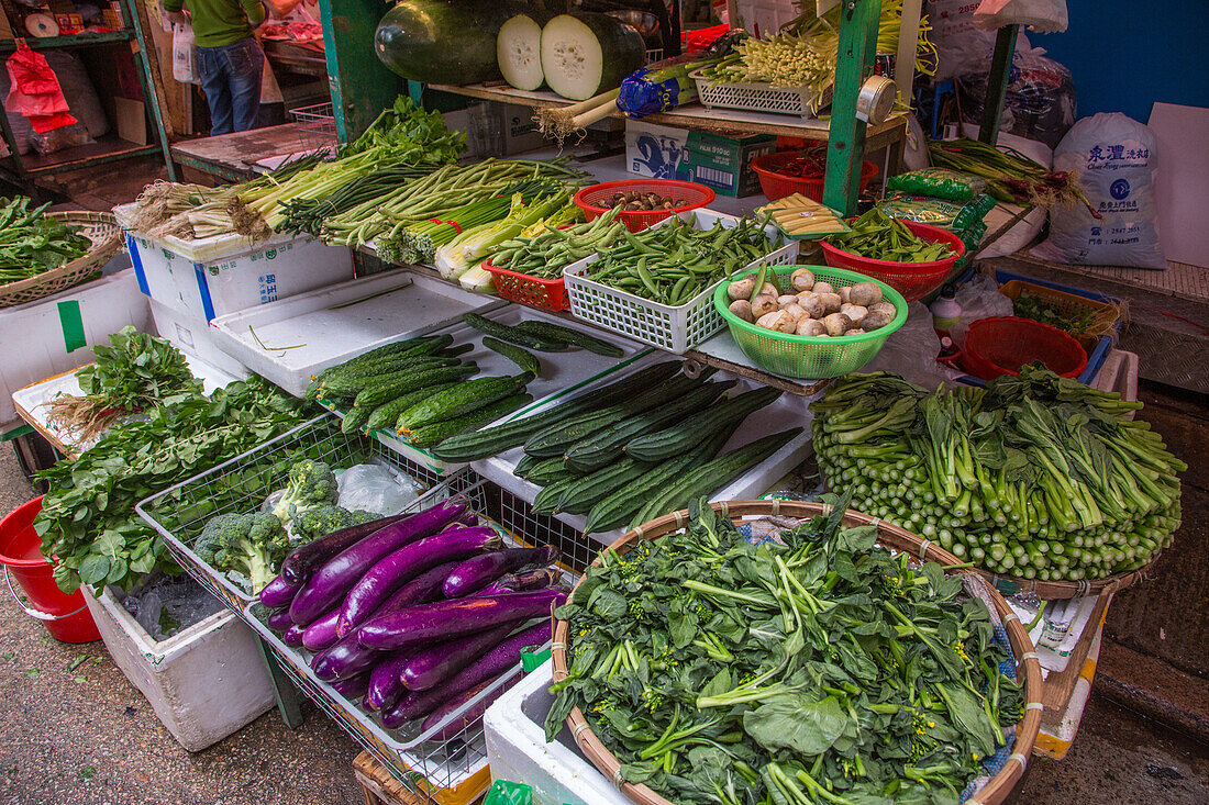 Fresh produce for sale in a market on the street in Hong Kong, China.