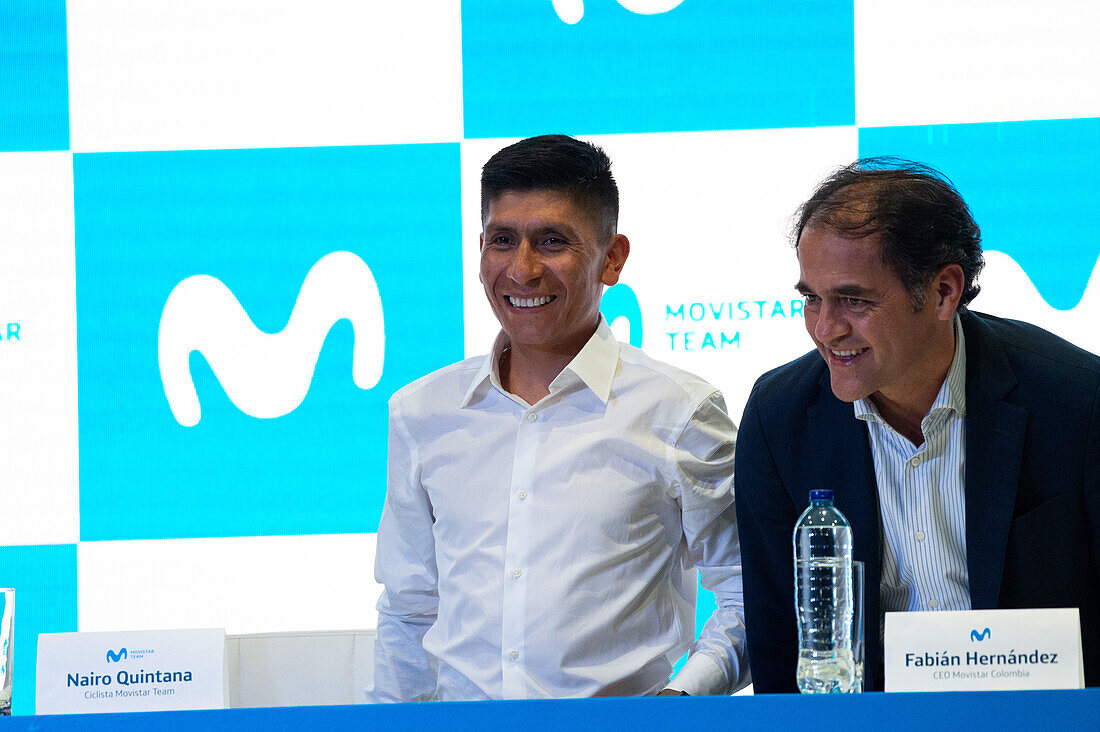 Colombian cyclist Nairo Quintana (L) and Fabian Hernandez CEO of Movistar Colombia (R) during a press conference announcing it's return to the Movistar Cycling team, in Bogota, Colombia on october 30, 2023.