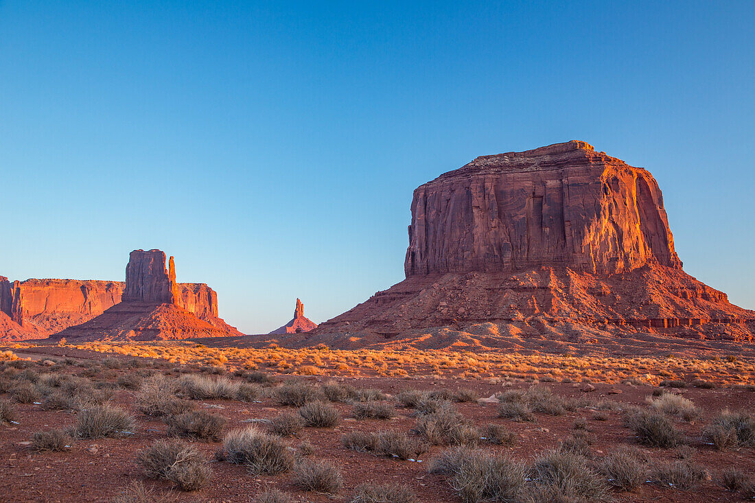 The West Mitten, Sentinal Mesa & Merrick Butte in the Monument Valley Navajo Tribal Park in Arizona.
