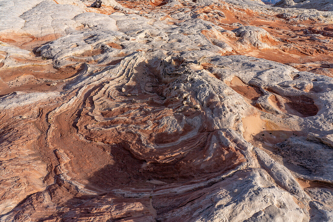 Red-striped eroded Navajo sandstone in the White Pocket Recreation Area, Vermilion Cliffs National Monument, Arizona.