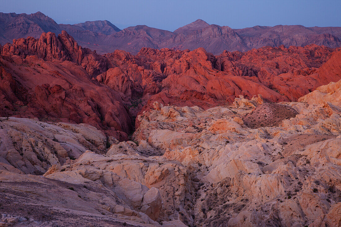 Red and white Aztec sandstone in Fire Canyon before sunrise in Valley of Fire State Park in Nevada. The white sandstone is called the Silica Dome. Its sand crystals are almost pure silica.